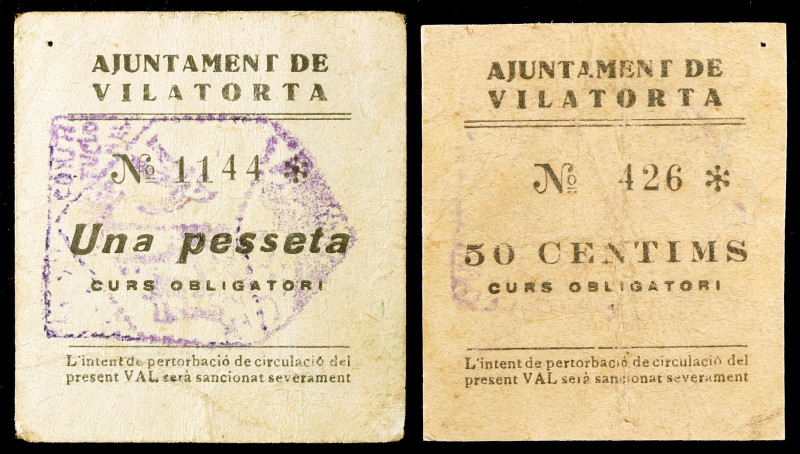 Vilatorta. 50 céntimos y 1 peseta. (T. 3339a y 3340a). 2 cartones, todos los de ...