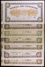 1940 y 1967. 10 (dos), 50, 100, 500 y 1000 pesetas (dos). Lote de 7 papeles de fianzas, con distintas fechas, casi todos con puntos de aguja. MBC/EBC.