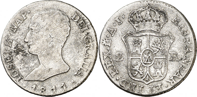 1811. José Napoleón. Madrid. AI. 2 reales. (AC. 9). Muy rara. 2,81 g. BC+.