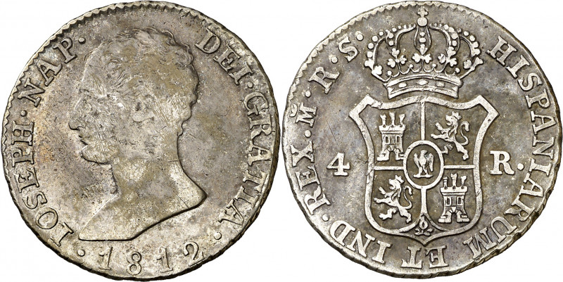1812. José Napoleón. Madrid. RS. 4 reales. (AC. 20). Rayitas. Muy escasa. 5,79 g...