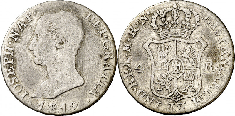 1812. José Napoleón. Madrid. RN. 4 reales. (AC. 21). Rayitas. Escasa. 5,71 g. BC...