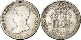 1810. José Napoleón. Madrid. AI. 10 reales. (AC. 26). Ex Áureo 29/09/1998, nº 1882. Muy rara. 13,13 g. BC+/MBC-.