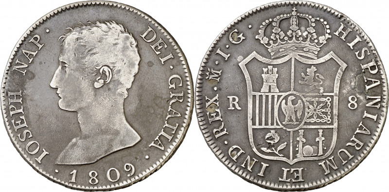 1809. José Napoleón. Madrid. IG. 8 reales. (AC. 33). Perforación reparada. Pátin...