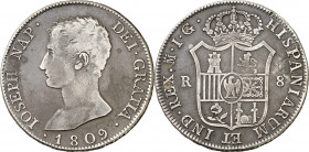 1809. José Napoleón. Madrid. IG. 8 reales. (AC. 33). Perforación reparada. Pátina artificial. Muy rara. 27,15 g. (MBC).