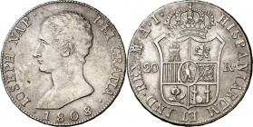 1808. José Napoleón. Madrid. AI. 20 reales. (AC. 35). Águila grande. Leves rayitas. Buen ejemplar. Muy escasa. 26,37 g. MBC+.
