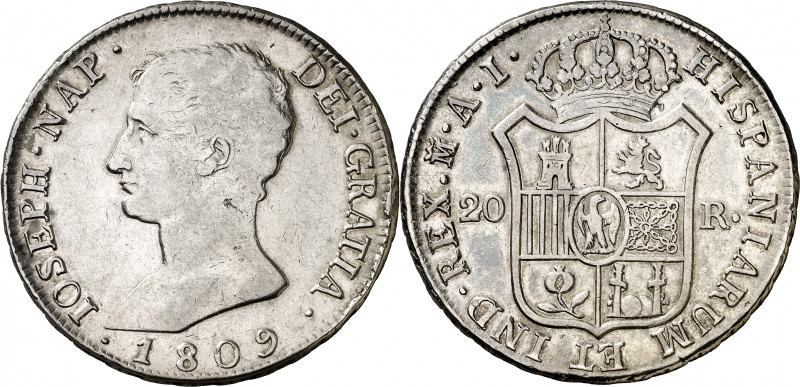 1809. José Napoleón. Madrid. AI. 20 reales. (AC. 36). Águila grande. 26,38 g. MB...