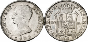 1809. José Napoleón. Madrid. AI. 20 reales. (AC. 36). Águila grande. 26,38 g. MBC/MBC+.