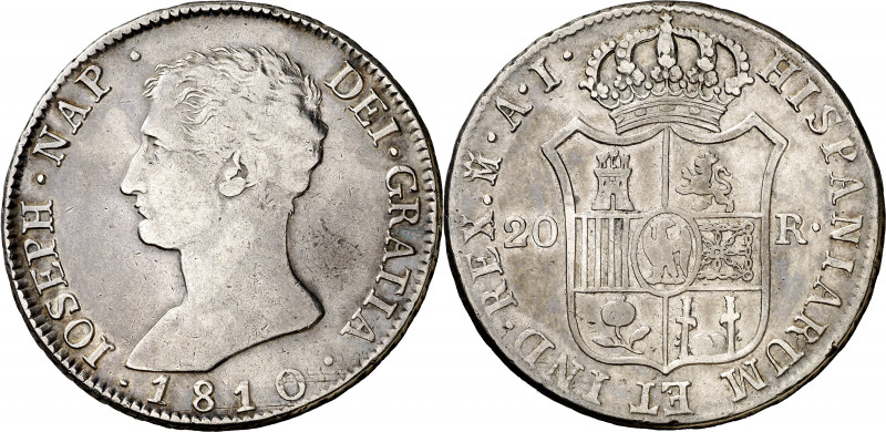 1810. José Napoleón. Madrid. AI. 20 reales. (AC. 37). Águila grande. 26,66 g. MB...