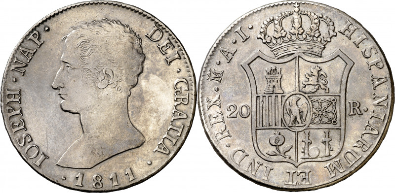 1811. José Napoleón. Madrid. AI. 20 reales. (AC. 39). Águila grande. Ex Áureo 17...