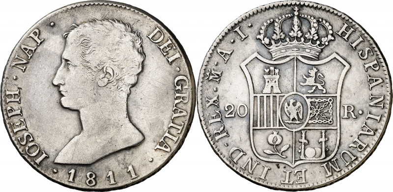 1811. José Napoleón. Madrid. AI. 20 reales. (AC. 41). Águila pequeña. 27,09 g. M...
