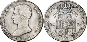 1811. José Napoleón. Madrid. AI. 20 reales. (AC. 41). Águila pequeña. 27,09 g. MBC-.