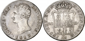 1813. José Napoleón. Madrid. RN. 20 reales. (AC. 44). Águila pequeña. Muy escasa. 26,82 g. MBC-.