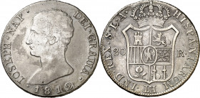 1812. José Napoleón. Sevilla. LA. 20 reales. (AC. 45). Escasa. 26,87 g. MBC.