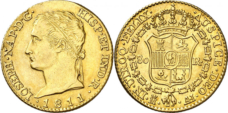 1811. José Napoleón. Madrid. AI. 80 reales. (AC. 49). Busto diademado. Leves ray...