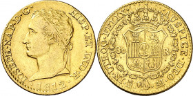 1812/1. José Napoleón. Madrid. AI. 80 reales. (AC. 50). Busto diademado. Pequeñas punzonadas en reverso. Rara. 6,73 g. MBC-.