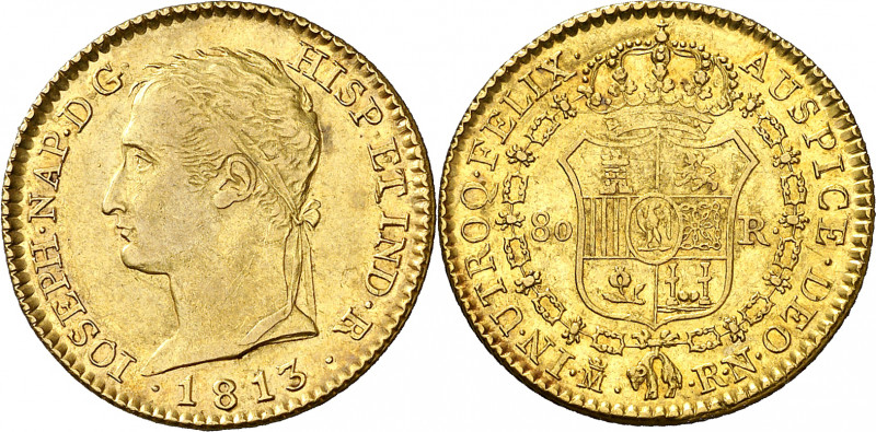 1813. José Napoleón. Madrid. RN. 80 reales. (AC. 52). Atractiva. Parte de brillo...