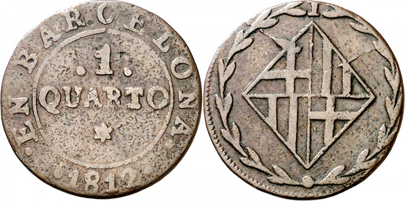 1812. Catalunya Napoleónica. Barcelona. 1 cuarto. (AC. 6). 2,31 g. BC+.