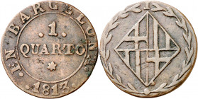 1813. Catalunya Napoleónica. Barcelona. 1 cuarto. (AC. 8). Distinta C en BARCELONA. Acuñada sobre otra moneda. Escasa. 2,09 g. MBC-.