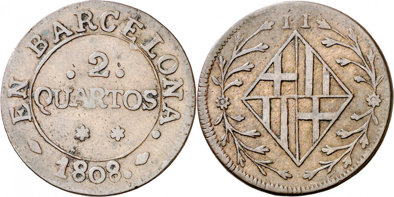 1808. Catalunya Napoleónica. Barcelona. 2 cuartos. (AC. 9). Escasa. 4,13 g. MBC-...