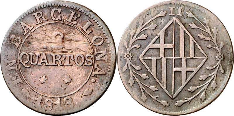 1813. Catalunya Napoleónica. Barcelona. 2 cuartos. (AC. 12). Distinta C en Barce...