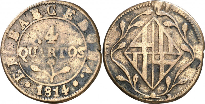 1814. Catalunya Napoleónica. Barcelona. 4 cuartos. (AC. 31). Fundida. Escasa. 7,...