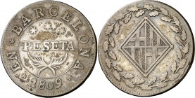 1809. Catalunya Napoleónica. Barcelona. 1 peseta. (AC. 32). Pátina irregular. 5,47 g. MBC-.