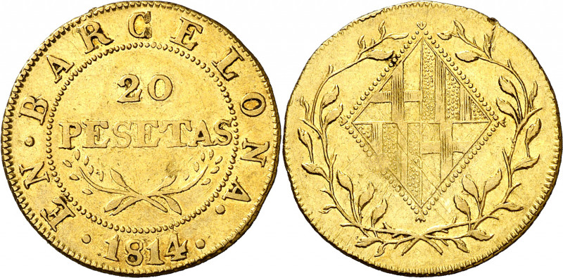 1814. Catalunya Napoleónica. Barcelona. 20 pesetas. (AC. 56). El 2 del valor acu...