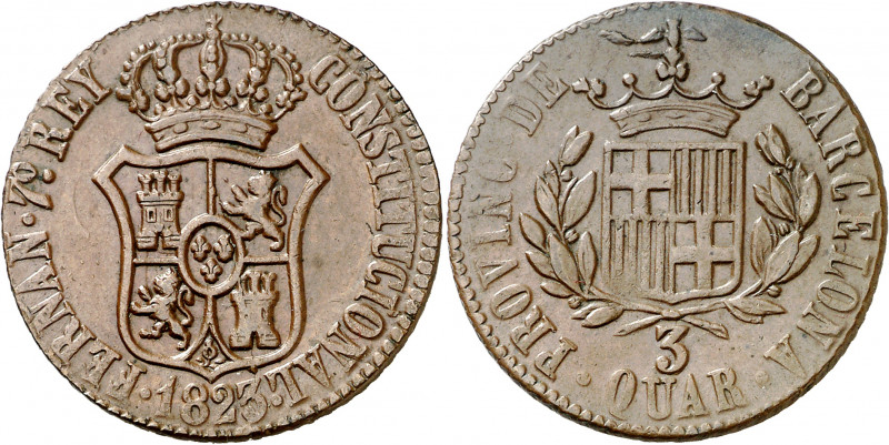 1823. Fernando VII. Barcelona. 3 cuartos. (AC. 15). Atractiva. Escasa así. 7,21 ...