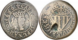 1686. Fernando VII. Eivissa. 1 cinquena. (AC. 22). A nombre de Carlos II. Vano en reverso. 6,08 g. (MBC-).