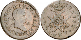 1820. Fernando VII. Pamplona. 1 maravedí. (AC. 35). Busto laureado. Acuñación floja. Escasa. 2,47 g. (MBC-).