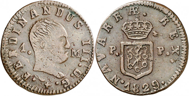 1829. Fernando VII. Pamplona. 1 maravedí. (AC. 38). Impurezas. escasa. 1,74 g. M...