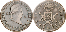 1820. Fernando VII. Pamplona. 3 maravedís. (AC. 46). Busto laureado estrecho. Escasa. 5,92 g. MBC.