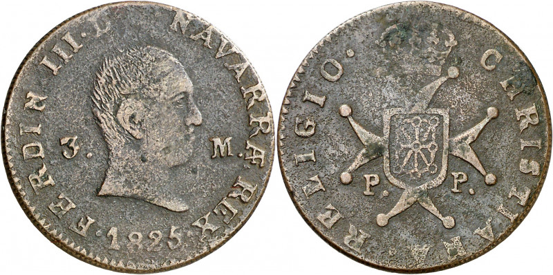 1825. Fernando VII. Pamplona. 3 maravedís. (AC. 48). Busto desnudo. 6,23 g. BC+....