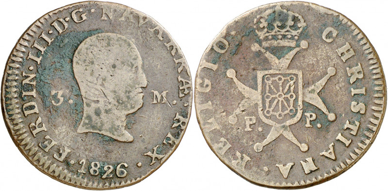 1826. Fernando VII. Pamplona. 3 maravedís. (AC. 49). Busto desnudo. Escasa. 5,74...