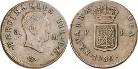 1830. Fernando VII. Pamplona. 3 maravedís. (AC. 51). Busto desnudo. Impurezas. 6,05 g. MBC-/MBC.