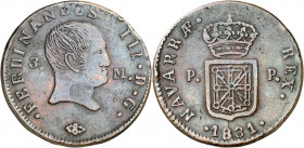 1831. Fernando VII. Pamplona. 3 maravedís. (AC. 52). Busto desnudo. Rayitas. Escasa. 5,80 g. MBC-.