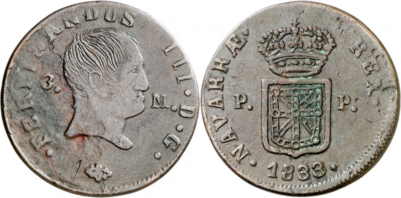 1833. Fernando VII. Pamplona. 3 maravedís. (AC. 53). Impurezas. Escasa. 5,21 g. ...