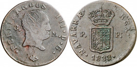 1833. Fernando VII. Pamplona. 3 maravedís. (AC. 53). Impurezas. Escasa. 5,21 g. BC+/MBC-.