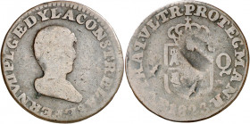 1823. Fernando VII. Manila. FR. 1/4 de real. (AC. 97). Tipo Constitucional. Vano en reverso. Rara. CU. 2,74 g. BC.