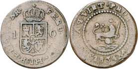 1834. Fernando VII. Manila. 1/4 de real. (AC. 99). Tipo póstumo. Rara. CU. 5,08 g. MBC.