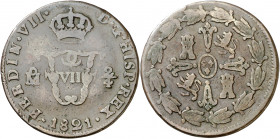 1821. Fernando VII. México. 2/4 de tlaco (1 real). (AC. 113). Escasa. CU. 6,76 g. BC+.