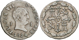 1824. Fernando VII. Jubia. 1 maravedí. (AC. 124). Tipo "cabezón". Escasa. 1,23 g. MBC+.