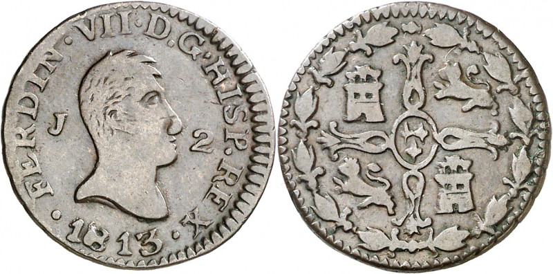 1813. Fernando VII. Jubia. 2 maravedís. (AC. 125). Busto desnudo. Escasa. 2,87 g...