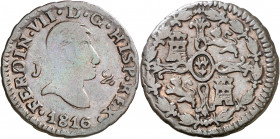 1816. Fernando VII. Jubia. 2 maravedís. (AC. 129). Rara. 2,47 g. BC+/MBC-.