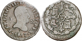 1817. Fernando VII. Jubia. 2 maravedís. (AC. 130). Rayitas. Escasa. 2,06 g. BC.