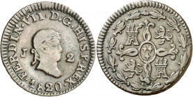 1820. Fernando VII. Jubia. 2 maravedís. (AC. 134). 2,53 g. MBC-/MBC.