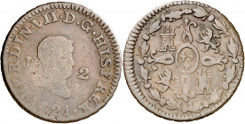 1821. Fernando VII. Jubia. 2 maravedís. (AC. 135). Rara, sólo hemos tenido cuatro ejemplares. 2,33 g. BC-/BC.