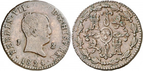 1824. Fernando VII. Jubia. 2 maravedís. (AC. 136). Tipo "cabezón". 2,90 g. MBC-/MBC.