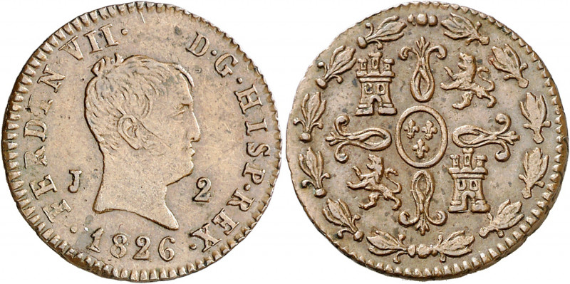 1826. Fernando VII. Jubia. 2 maravedís. (AC. 137). Tipo "cabezón". Buen ejemplar...