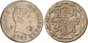 1826. Fernando VII. Jubia. 2 maravedís. (AC. 137). Tipo "cabezón". Buen ejemplar. 2,40 g. MBC+.